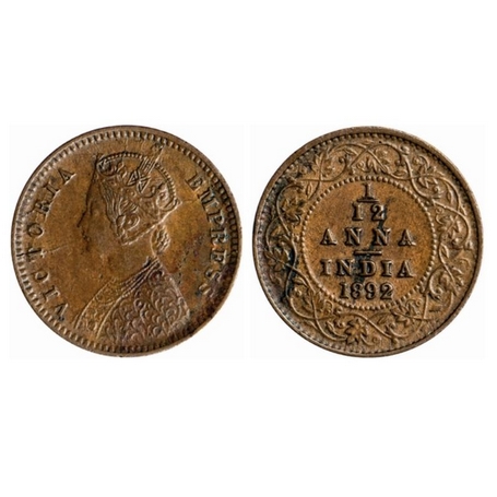Victoria Empress, Copper, 1/12 Anna, 1892, Calcutta Mint, Obv. B, No mint mark, Ghost on R