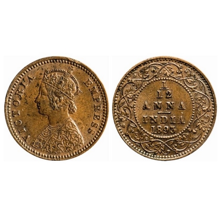 Victoria Empress, Copper, 1/12 Anna, 1893, Calcutta Mint, Obv. B, No mint mark. GK 914. Ex