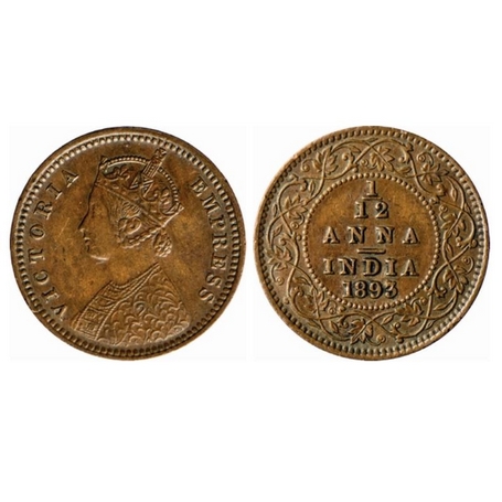 Victoria Empress, Copper, 1/12 Anna, 1893, Calcutta Mint, Obv. B, No mint mark, Ghost on R