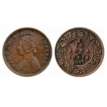 Victoria Empress, Copper, 1/12 Anna, 1893, Calcutta Mint, Obv. B, No mint mark. GK 914. Ex