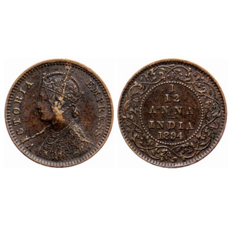 Victoria Empress, Copper, 1/12 Anna, 1894, Calcutta Mint, Obv. B, No mint mark, Large die 