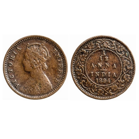 Victoria Empress, Copper, 1/12 Anna, 1894, Calcutta Mint, Obv. B, No mint mark. GK 915. Ab