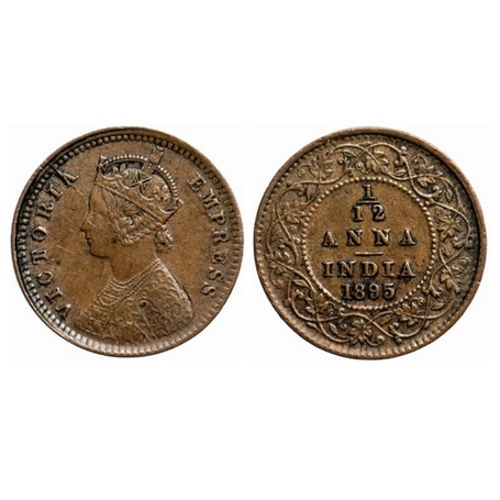 Victoria Empress, Copper, 1/12 Anna, 1895, Calcutta Mint, Obv. B, No mint mark, Die crack 