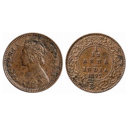 Victoria Empress, Copper, 1/12 Anna, 1897, Calcutta Mint, Obv. B, No mint mark. Planchet f