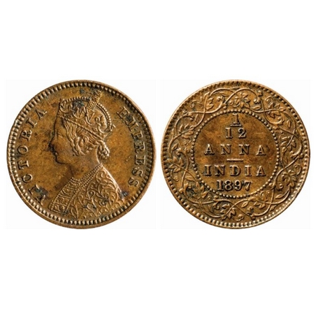 Victoria Empress, Copper, 1/12 Anna, 1897, Calcutta Mint, Obv. B, No mint mark, Die cracks