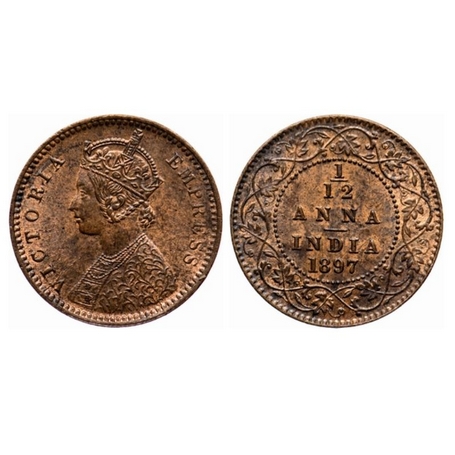 Victoria Empress, Copper, 1/12 Anna, 1897, Calcutta Mint, Obv. B, No mint mark, Die crack 