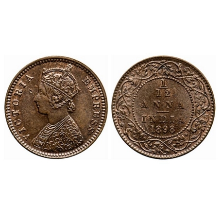 Victoria Empress, Copper, 1/12 Anna, 1898, Calcutta Mint, Obv. B, No mint mark. GK 916. Ab