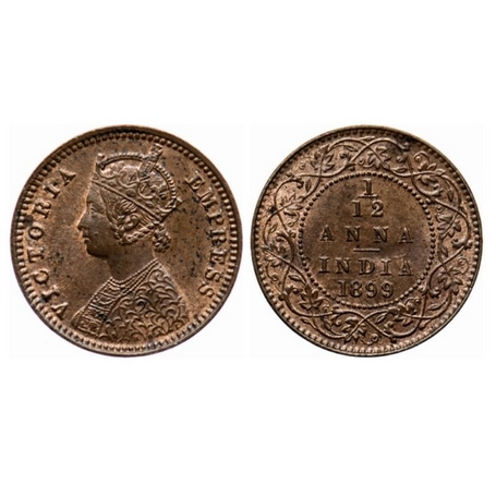 Victoria Empress, Copper, 1/12 Anna, 1899, Calcutta Mint, Obv. B, No mint mark, Ghost on R