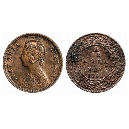 Victoria Empress, Copper, 1/12 Anna, 1901, Calcutta Mint, Obv. B, No mint mark, Die crack 