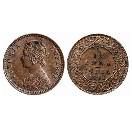 Victoria Empress, Copper, 1/12 Anna, 1901, Calcutta Mint, Obv. B, No mint mark. GK 921. Ex