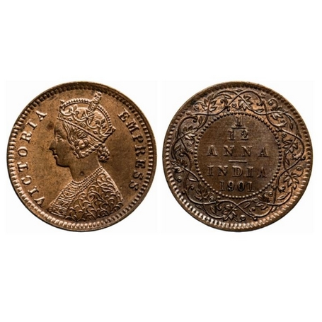 Victoria Empress, Copper, 1/12 Anna, 1901, Calcutta Mint, Obv. B, No mint mark, Double imp