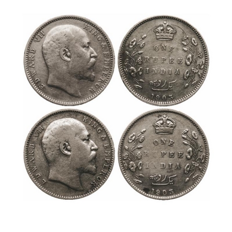 Edward VII, Silver, Rupee (2 Coins), 1903, Bombay Mint, B raised, B incused and dot. GK 92