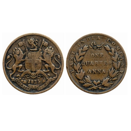 William IV, Copper, Quarter Anna, 1835, Madras Mint, B / V, 24 Berries (13L + 11R), Y in c