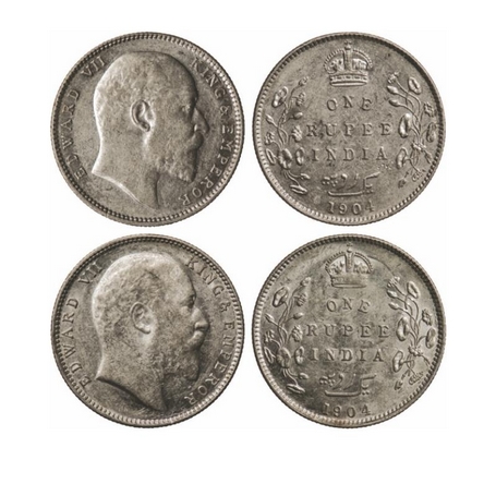 Edward VII, Silver, Rupee (2 Coins), 1904, Bombay Mint, 'B' incused, Dot, 5 diamonds, Bott