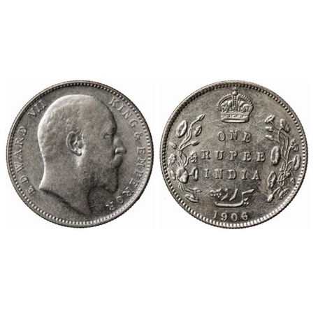 Edward VII, Silver, Rupee, 1906, Bombay Mint, 'B' incused, Dot, Die crack on Obverse. GK 9