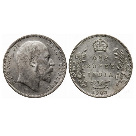 Edward VII, Silver, Rupee, 1907, Bombay Mint, B incused and dot, Die cracks on Obverse. Gk