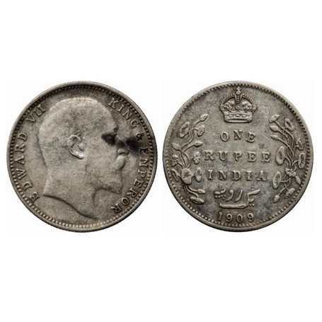 Edward VII, Silver, Rupee, 1909, Bombay Mint, No B only dot. GK 953. About Extremely Fine,
