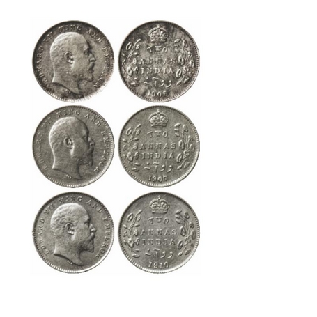Edward VII, Silver, 2 Annas (3 Coins), 1905 Calcutta Mint, No mint mark, Die crack on Obve