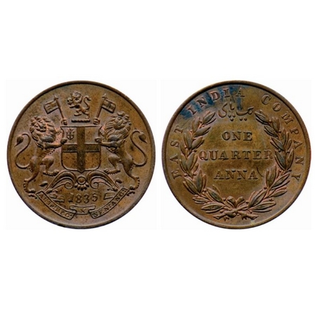 William IV, Copper, Quarter Anna, 1835, Madras Mint, B / V, 24 Berries (13L + 11R), GK 152