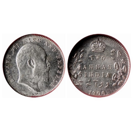 Edward VII, Silver, 2 Annas, 1906, Calcutta Mint, No mint mark. F. Prid. 559. MS 63 Brilli