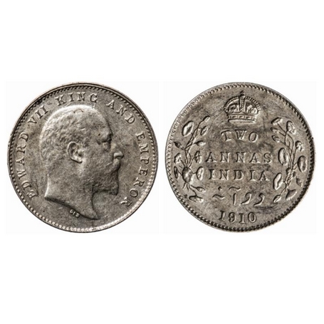 Edward VII, Silver, 2 Annas, 1910, Calcutta Mint, No mint mark, Ghost on Obverse. GK 987.