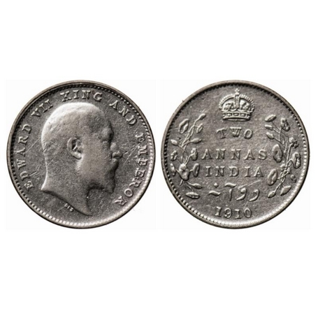 Edward VII, Silver, 2 Annas, 1910, Bombay Mint, Dot. GK 988. About Extremely Fine, Scarce.