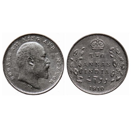 Edward VII, Silver, 2 Annas, 1910, Calcutta Mint, No mint mark, Letter R of Edward is brok
