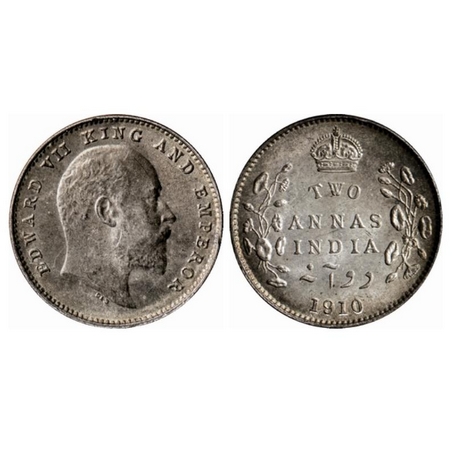 Edward VII, Silver, 2 Annas, 1910, Bombay Mint, Dot. GK 988. Uncirculated. Scarce