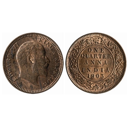 Edward VII, Copper, Quarter Anna, 1903, Calcutta Mint, No mint mark, Ghost on Rev, Die cra