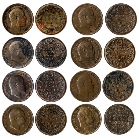 Edward VII, Copper, Quarter Anna (8 Coins), 1903, 1904, 1905 (Copper), 1906, 1907, 1908, 1