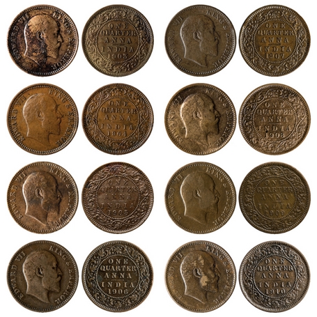 Edward VII, Copper, Quarter Anna (8 Coins), 1903, 1904, 1905, 1906 (Copper), 1907, 1908, 1