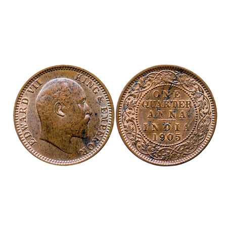 Edward VII, Copper, Quarter Anna, 1905, Calcutta Mint, No mint mark. GK 996. About Uncircu