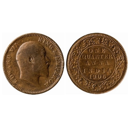 Edward VII, Copper, Quarter Anna, 1906, Calcutta Mint, No mint mark. GK 997. About Very Fi