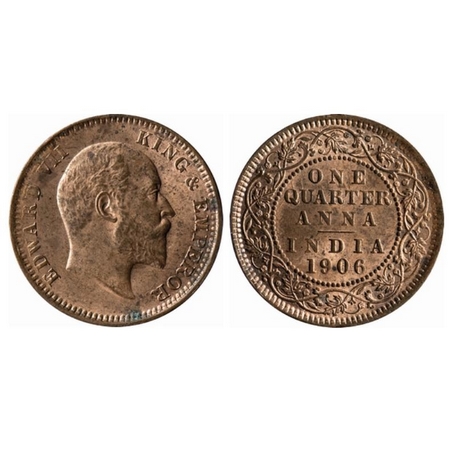 Edward VII, Copper, Quarter Anna, 1906, Calcutta Mint, No mint mark. GK 997. Uncirculated,