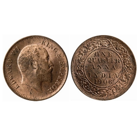 Edward VII, Copper, Quarter Anna, 1906, Calcutta Mint, No mint mark, Ghost on Rev, Die cra