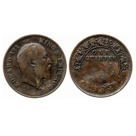 Edward VII, Bronze, Quarter Anna, 1907, Calcutta Mint, Die filled Error on Reverse, No min