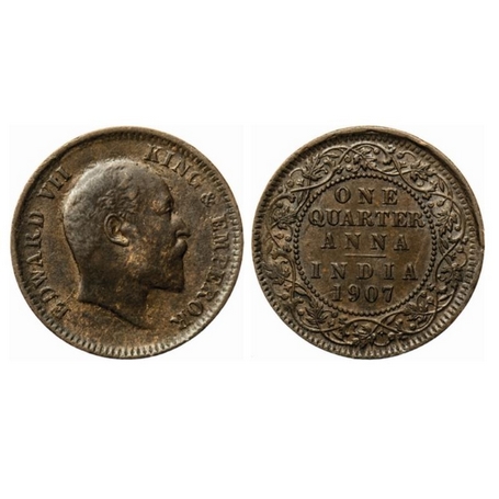 Edward VII, Bronze, Quarter Anna, 1907, Calcutta Mint, No mint mark, Ghost on Obverse and 