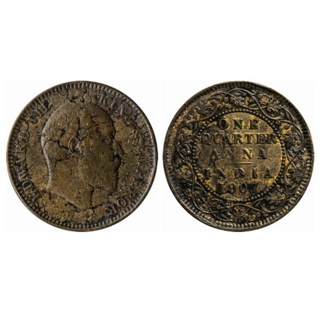 Edward VII, Copper, Quarter Anna, 1907, Calcutta Mint, Planchet flaw on Reverse, Famine Er