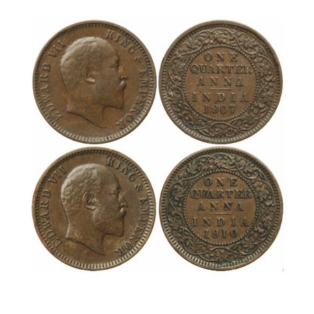 Edward VII, Bronze, Quarter Anna (2 Coins), 1907 & 1910, Calcutta Mint, No mint mark, Ghos