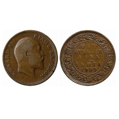 Edward VII, Bronze, Quarter Anna, 1909, Calcutta Mint, No mint mark. GK 1001. Very Fine+, 