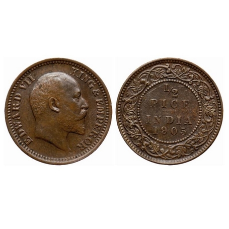 Edward VII, Copper, ½ Pice, 1905, Calcutta Mint, No mint mark, Multiple die crack on Obver