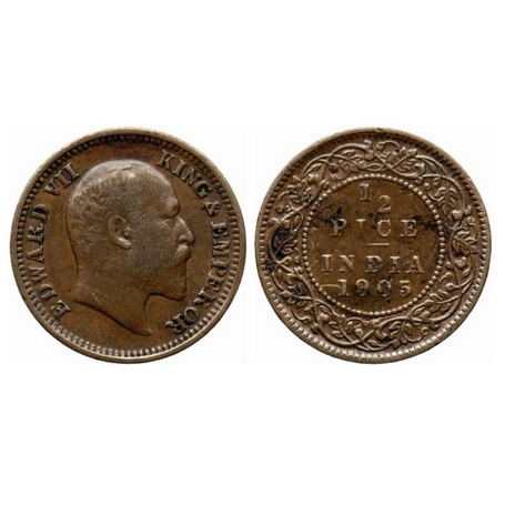 Edward VII, Copper, ½ Pice, 1905, Calcutta Mint, No mint mark, Ghost on Reverse. GK 1005. 