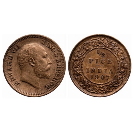 Edward VII, Bronze, ½ Pice, 1907, Calcutta Mint, No mint mark, Multiple die cracks on Obve