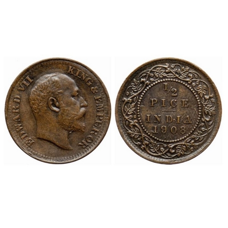 Edward VII, Bronze, ½ Pice, 1908, Calcutta Mint, No mint mark, Ghost on Obverse and Revers