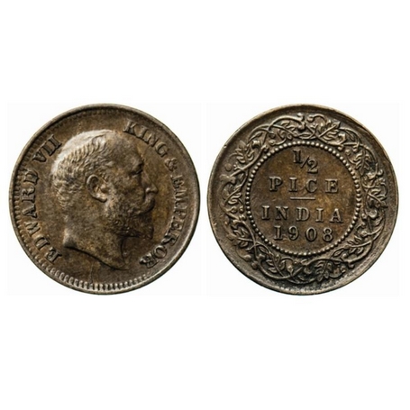 Edward VII, Bronze, ½ Pice, 1908, Calcutta Mint, No mint mark, Ghost on Obverse and Revers