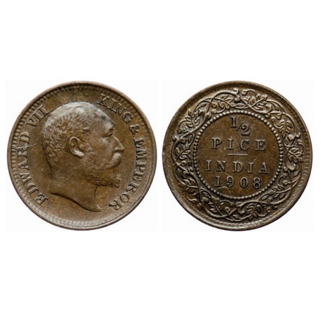 Edward VII, Bronze, ½ Pice, 1908, Calcutta Mint, No mint mark, Ghost on Obverse and Revers