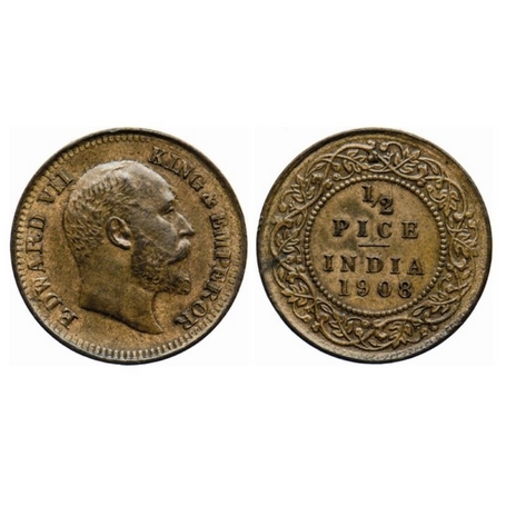 Edward VII, Bronze, ½ Pice, 1908, Calcutta Mint, No mint mark, Ghost on Obverse and Revers