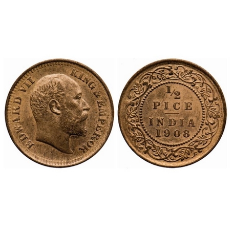 Edward VII, Bronze, ½ Pice, 1908, Calcutta Mint, No mint mark. GK 1009. Extremely Fine Cle