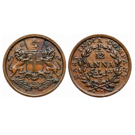 William IV, Copper, 1/12 Anna, 1835, Bombay Mint, Reverse II, reverse aligned. GK 156. Ext