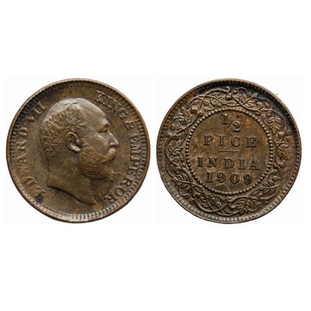 Edward VII, Bronze, ½ Pice, 1909, Calcutta Mint, No mint mark, Ghost on Obverse and Revers